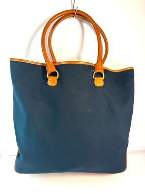 J Crew Navy Canvas Tote with Saddle Brown Leather Trim